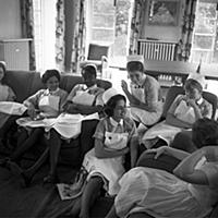 Off-duty nurses relaxing in the common-room during