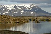View of lake habitat and distant mountain, Lake My