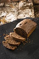 Chocolate cake, partly sliced