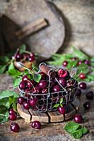 Cherries in a wire basket
