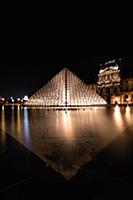 Illuminated pyramid in the Louvre at night, light 